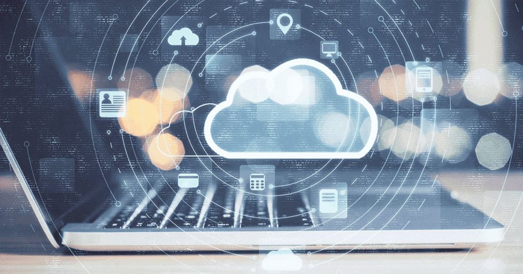 Computador portátil con proyección de holograma en forma de nube