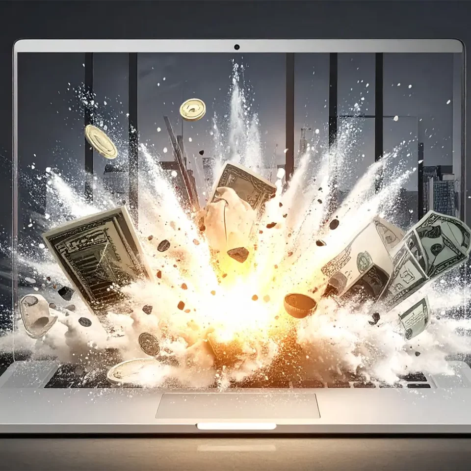 Imagen creada con IA de un computador portátil con holograma de dinero saliendo expulsado
