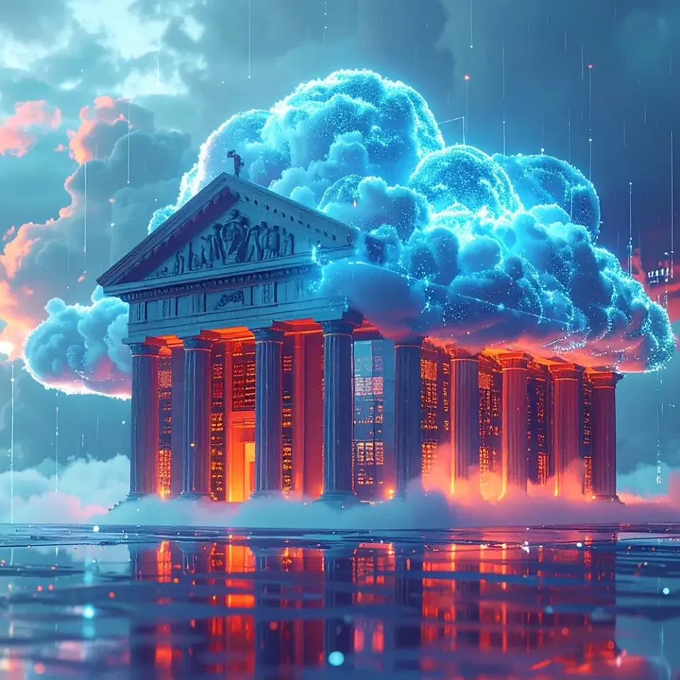 Imagen creada con IA de un banco en una nube