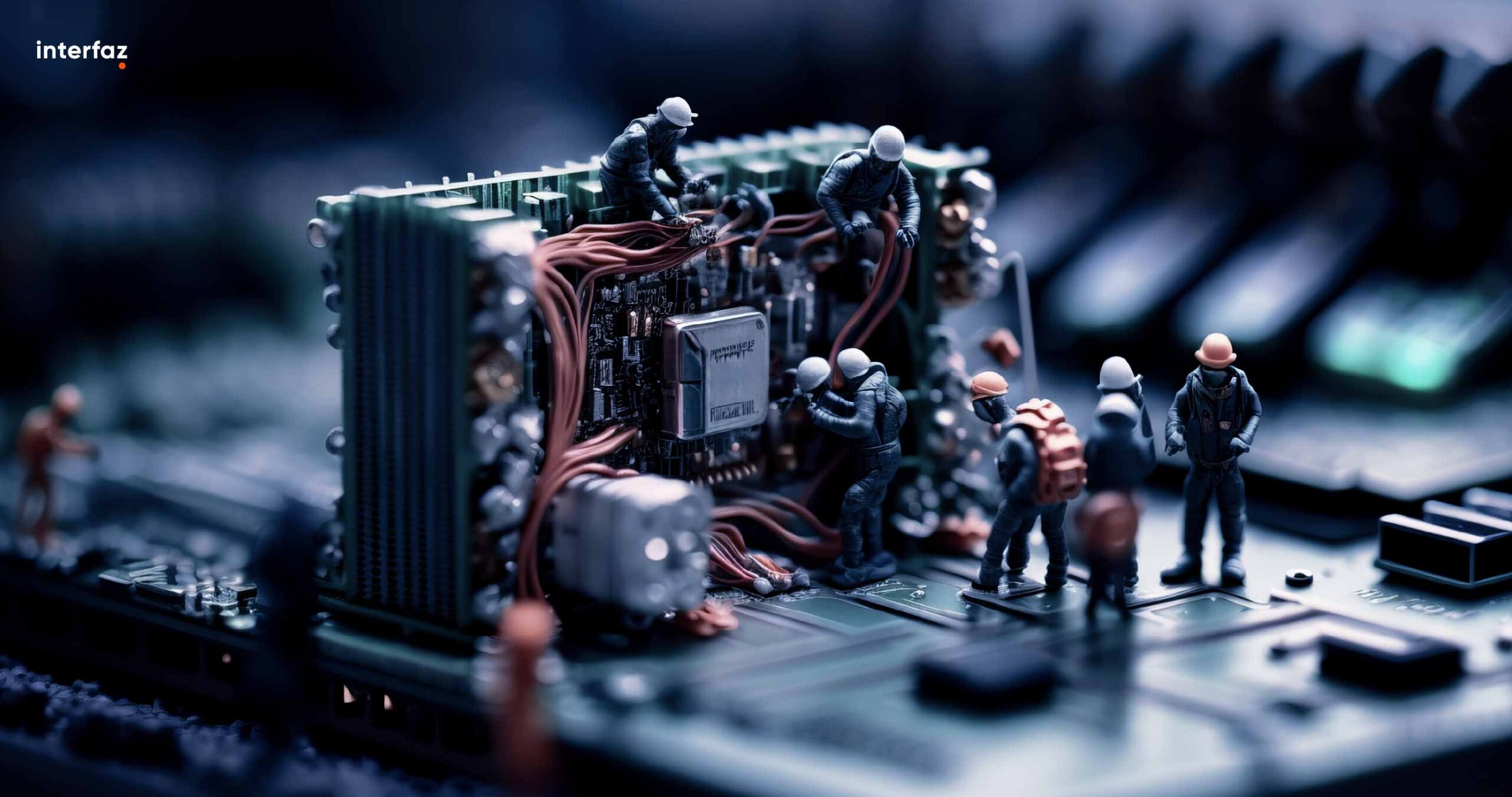 Group of worker figurine doing maintenance on a computer motherboard