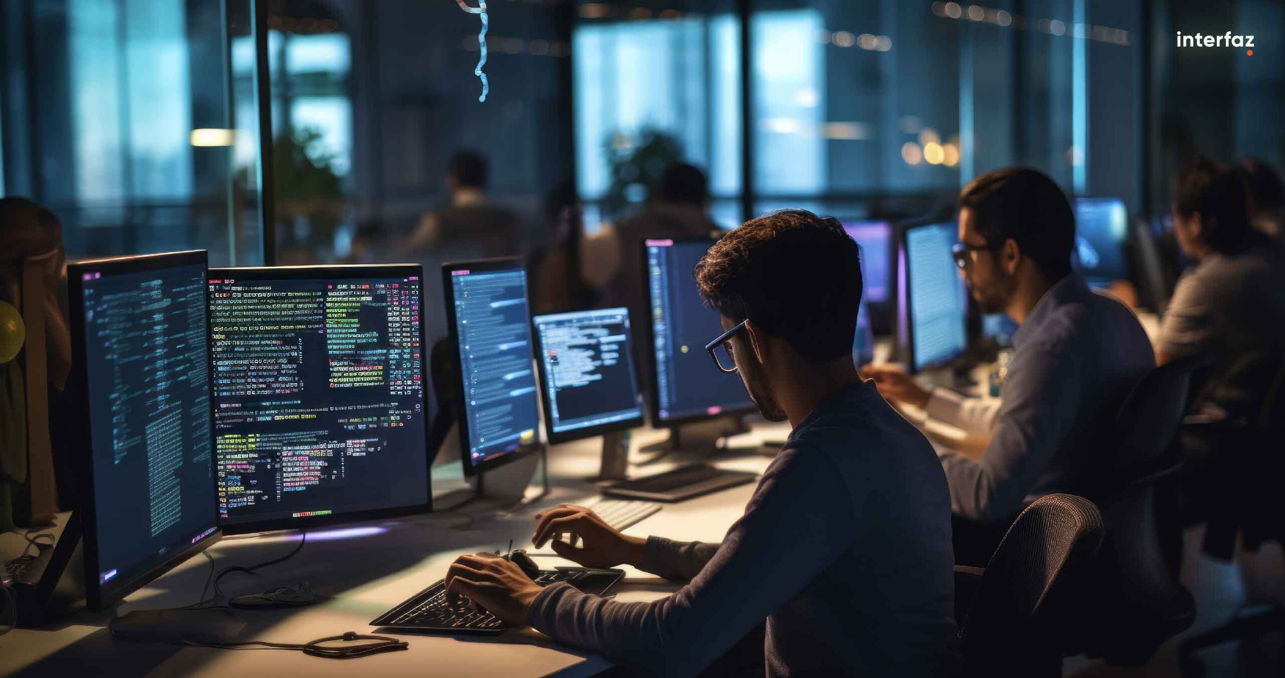 A scene showcasing a team of software developers coding, collaborating, and testing applications in a modern development environment