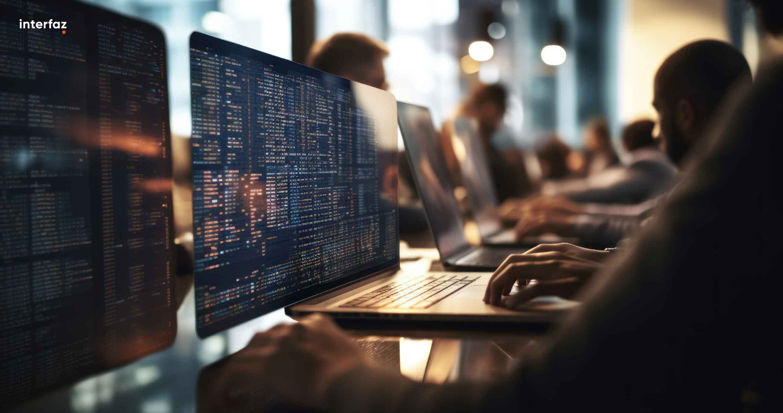 A scene showcasing a team of software developers coding