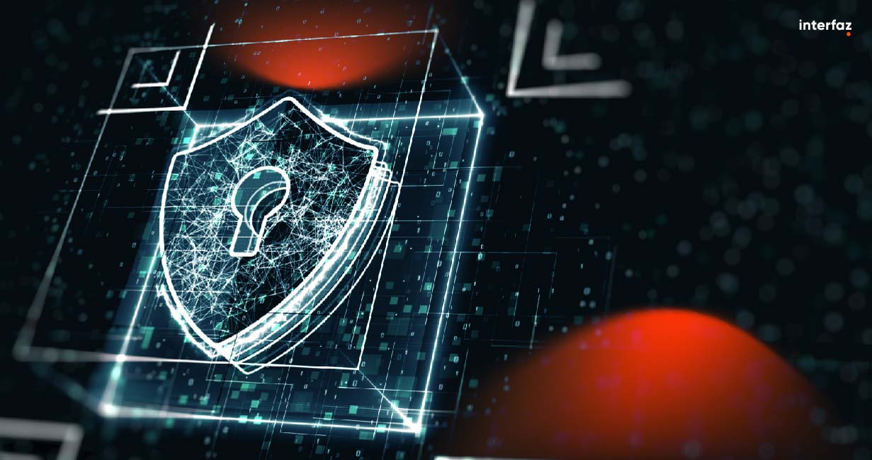 Abstract cyber security concept. Shield With Keyhole icon on digital data background. 
