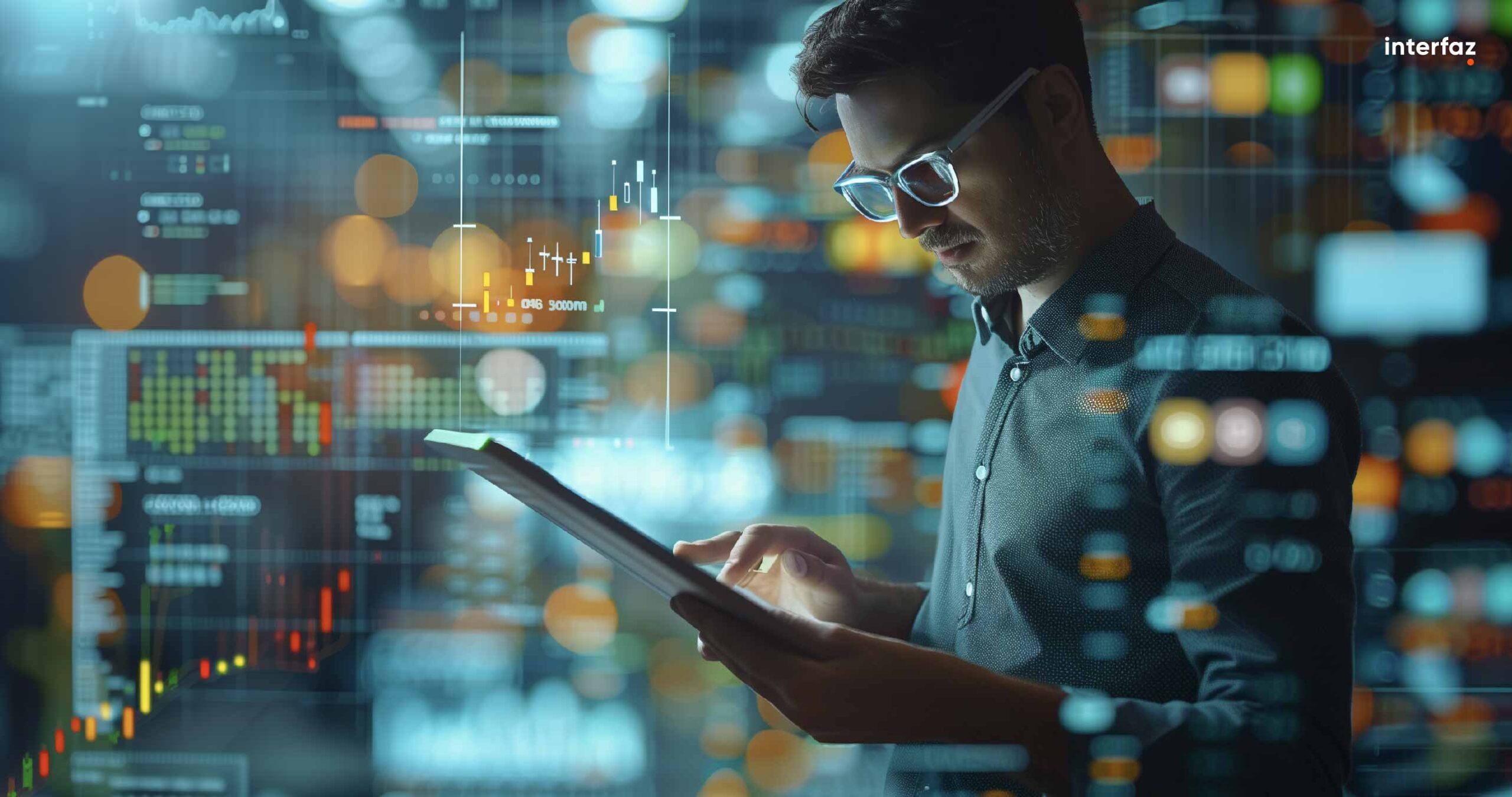 Business teamwork analyzing financial graphs on virtual touch screen, futuristic technology solution for business