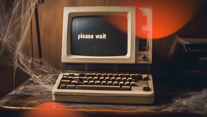 Old computer with text please wait in screen